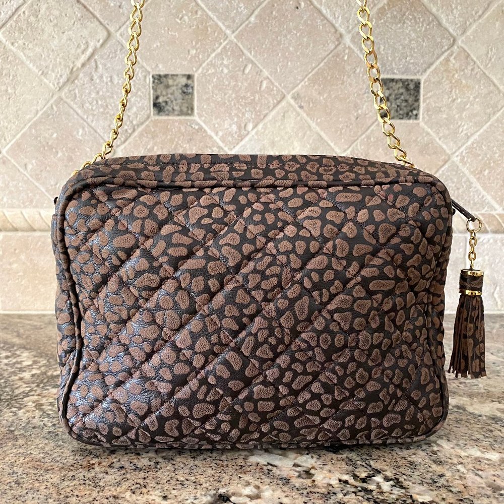 Suede Handbag Quilted Animal Print Brown Faux Cheetah Tassel Gold Chain Mirror